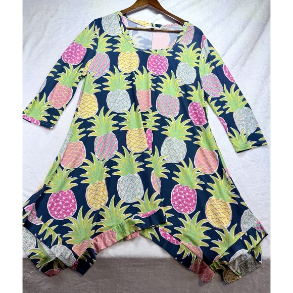 Simply Southern Dresses & Skirts - Simply Southern Women Bright Pastel Pineapple Dress 3/4 Sleeve Shark Tooth Hem M